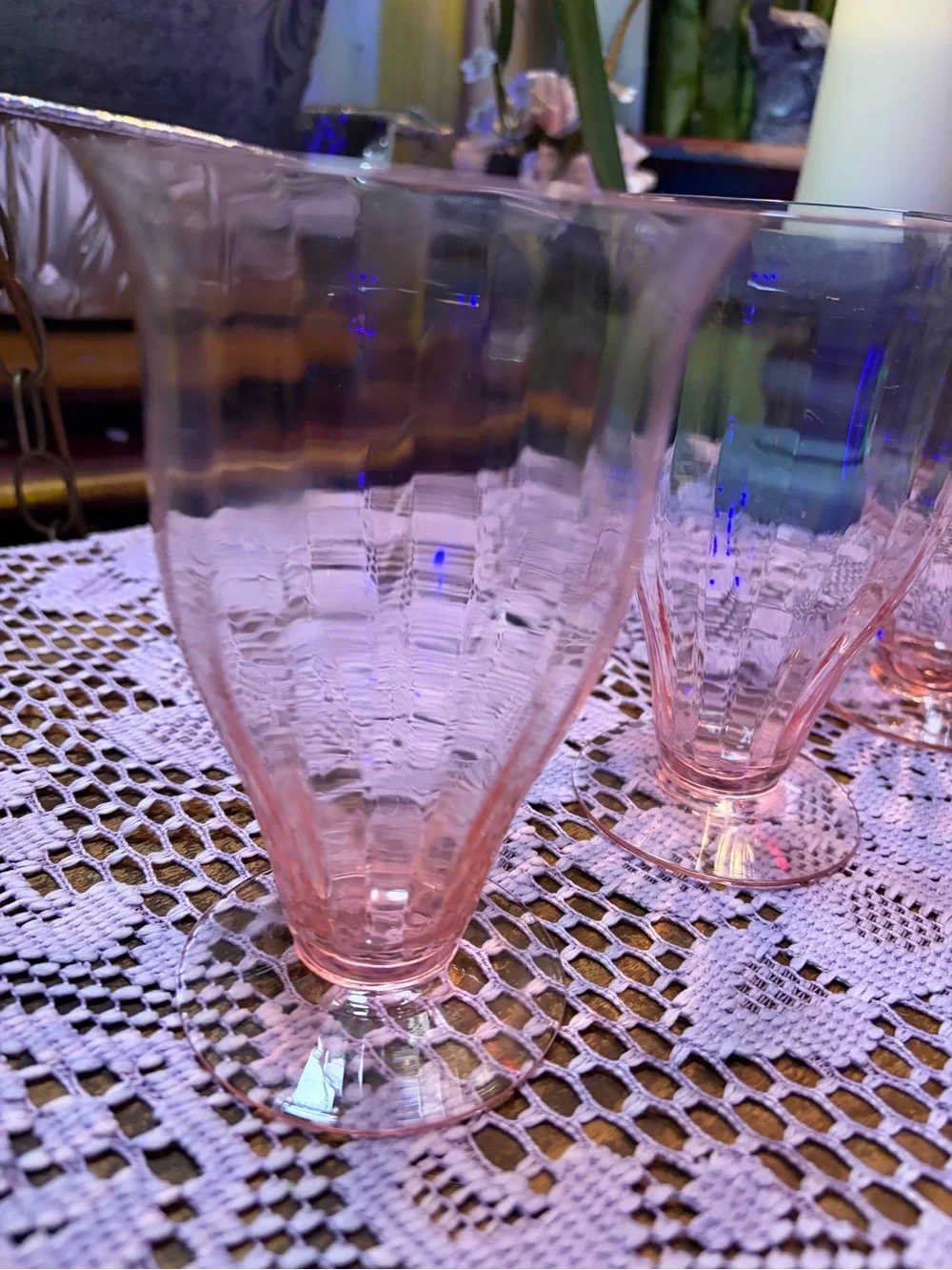 Vintage 1930s Pink Depression Glass Paneled Optic Footed Tumblers Set of 5 GLOWs